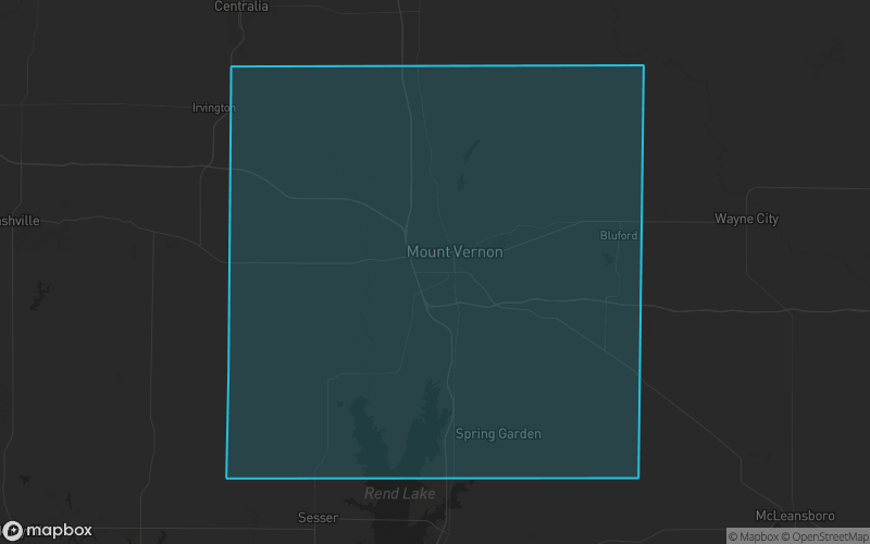 Map of Jefferson County, Illinois showing the county boundary and surrounding cities