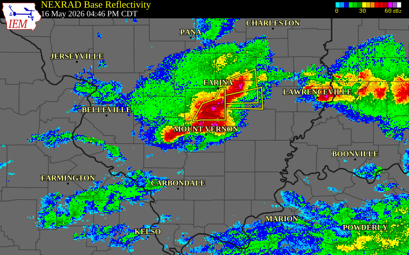 NEXRAD radar during the Saturday, May 16, 2026 storm activity in Jefferson County, Illinois