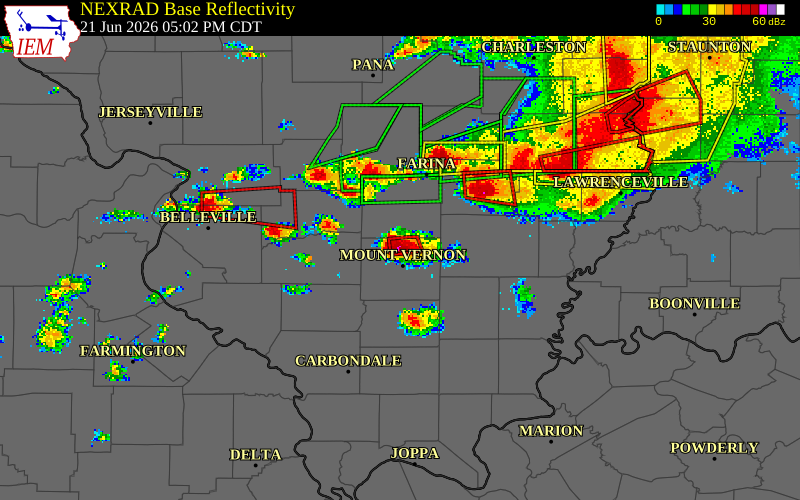 NEXRAD radar during the Sunday, June 21, 2026 storm activity in Jefferson County, Illinois