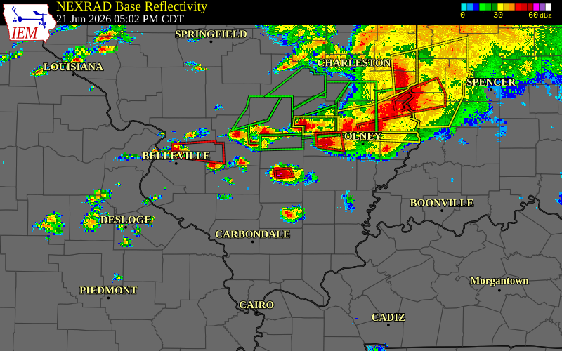 Radar snapshot during the Jun 21, 2026 tornado event near 2 SSE Dix, Jefferson County, Illinois, with NWS warning polygons