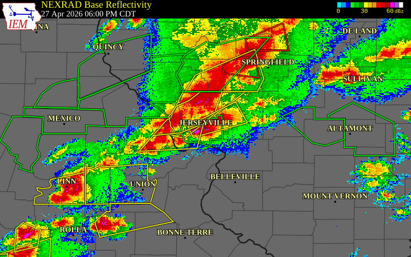NEXRAD radar during the Monday, April 27, 2026 storm activity in Jersey County, Illinois