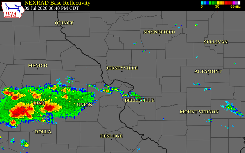 NEXRAD radar during the Thursday, July 9, 2026 storm activity in Jersey County, Illinois