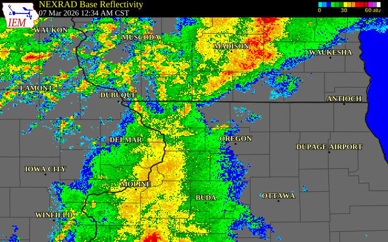 NEXRAD radar during the Saturday, March 7, 2026 storm activity in Jo Daviess County, Illinois