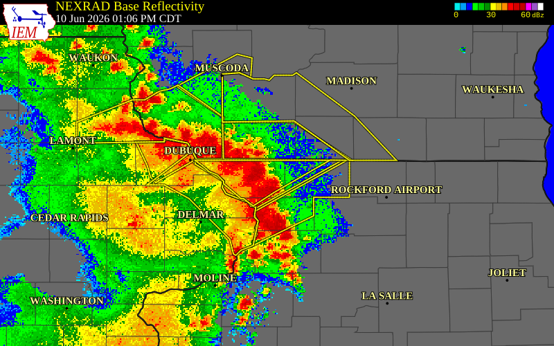 NEXRAD radar during the Wednesday, June 10, 2026 storm activity in Jo Daviess County, Illinois