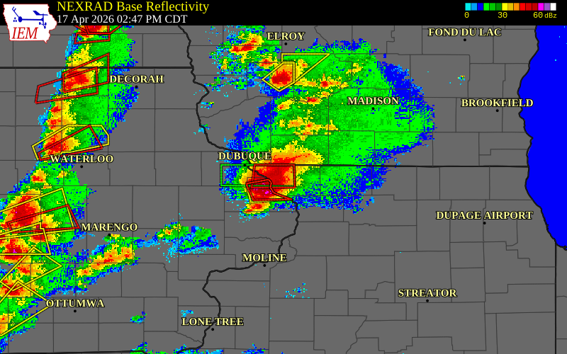 Radar snapshot during the Apr 17, 2026 tornado event near 2 ESE Galena Territory, Jo Daviess County, Illinois, with NWS warning polygons