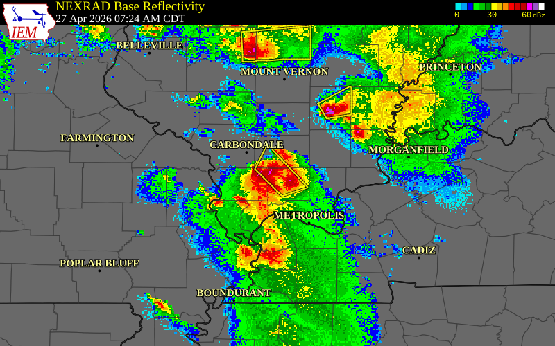 NEXRAD radar during the Monday, April 27, 2026 storm activity in Johnson County, Illinois