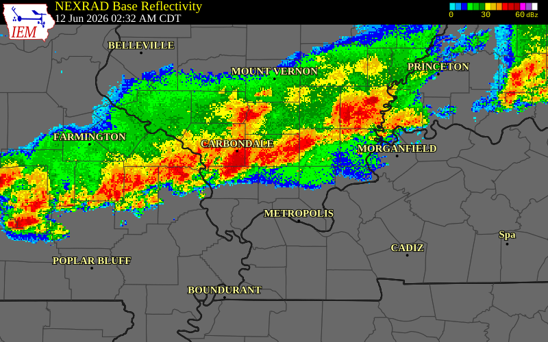 NEXRAD radar during the Friday, June 12, 2026 storm activity in Johnson County, Illinois