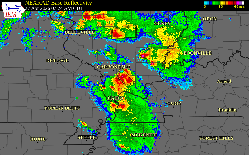 Radar snapshot during the Apr 27, 2026 hail event near Goreville, Johnson County, Illinois, with NWS warning polygons