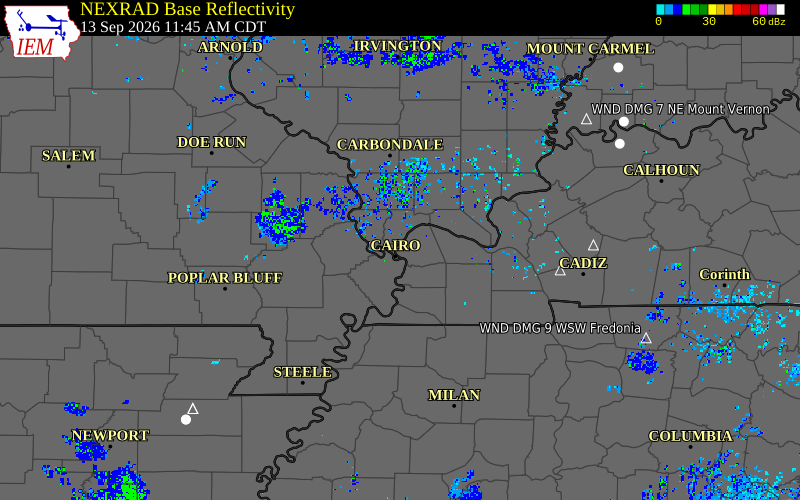 Current NEXRAD radar over Johnson County, Illinois with recent storm report locations
