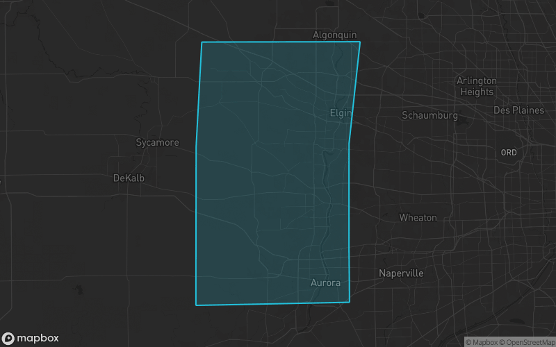 Map of Kane County, Illinois showing the county boundary and surrounding cities