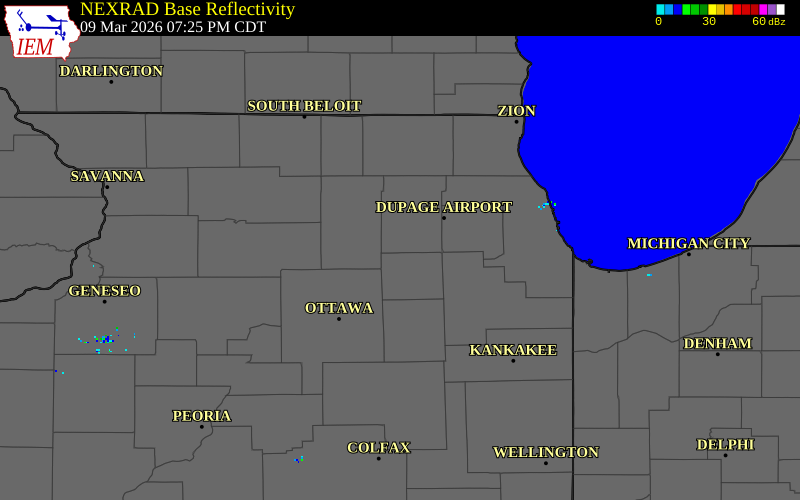 NEXRAD radar during the Monday, March 9, 2026 storm activity in Kane County, Illinois