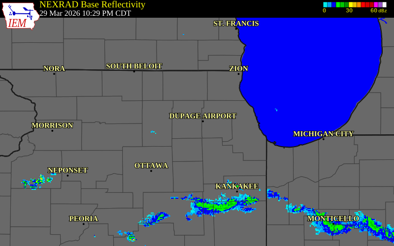 NEXRAD radar during the Sunday, March 29, 2026 storm activity in Kane County, Illinois