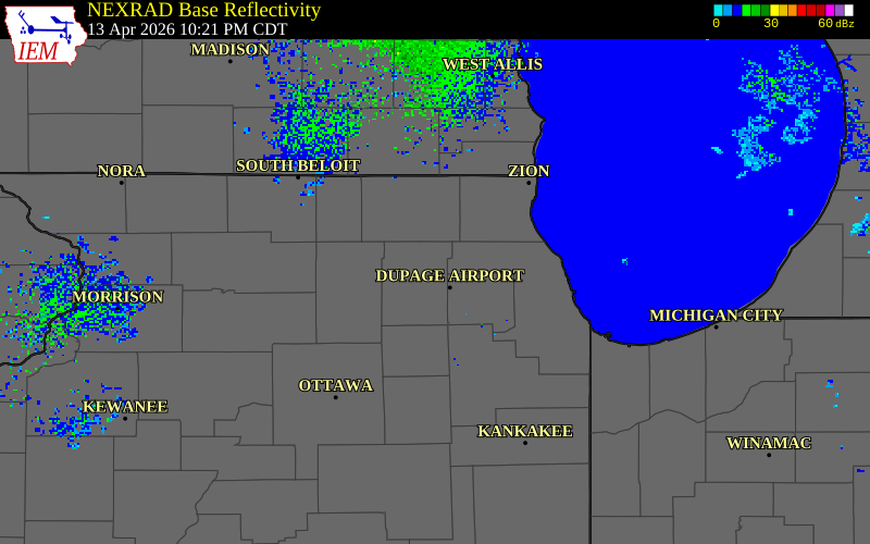 NEXRAD radar during the Monday, April 13, 2026 storm activity in Kane County, Illinois