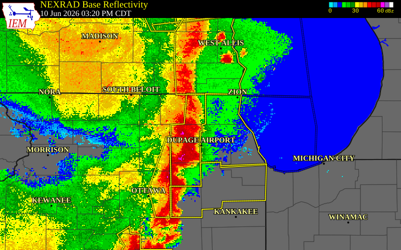 NEXRAD radar during the Wednesday, June 10, 2026 storm activity in Kane County, Illinois