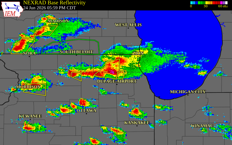 NEXRAD radar during the Wednesday, June 24, 2026 storm activity in Kane County, Illinois
