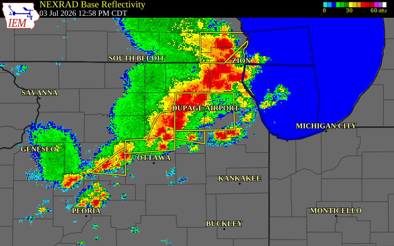 NEXRAD radar during the Friday, July 3, 2026 storm activity in Kane County, Illinois