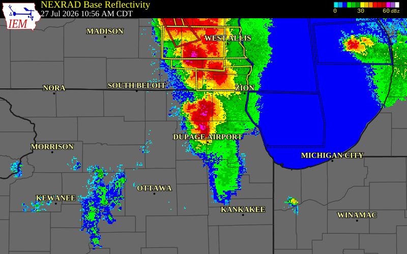NEXRAD radar during the Monday, July 27, 2026 storm activity in Kane County, Illinois
