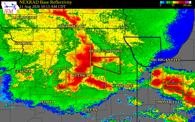 NEXRAD radar during the Tuesday, August 11, 2026 storm activity in Kane County, Illinois