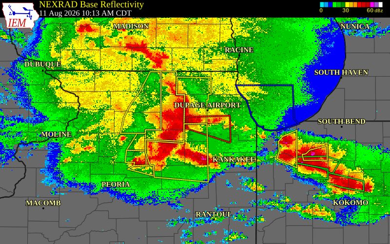 Radar snapshot during the Aug 11, 2026 wind event near 1 SE Sugar Grove, Kane County, Illinois, with NWS warning polygons