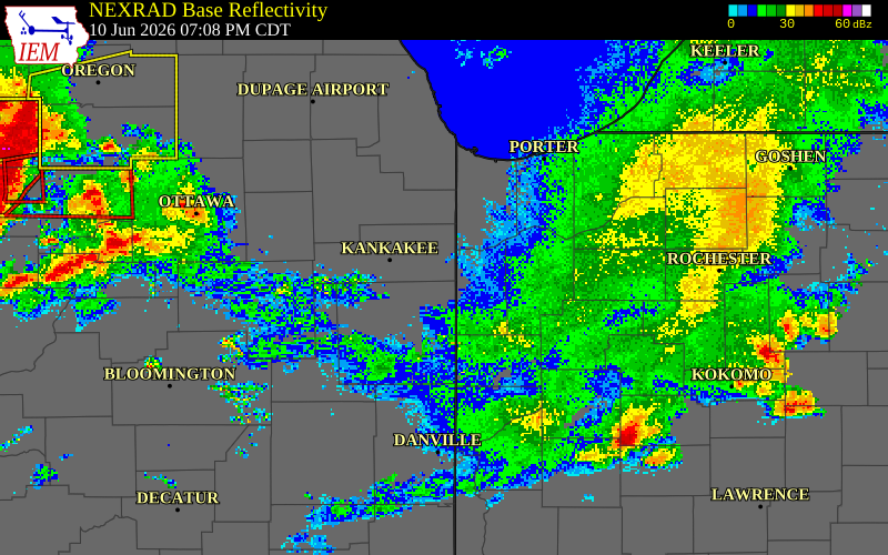 NEXRAD radar during the Wednesday, June 10, 2026 storm activity in Kankakee County, Illinois