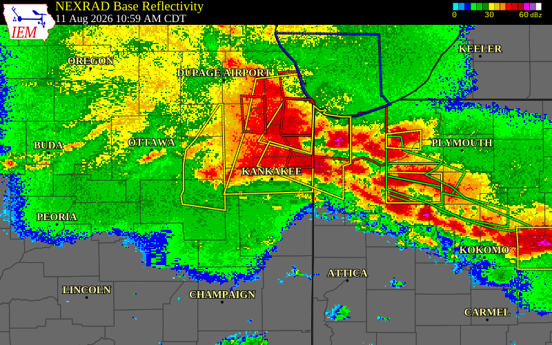NEXRAD radar during the Tuesday, August 11, 2026 storm activity in Kankakee County, Illinois