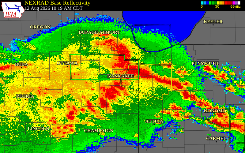 NEXRAD radar during the Wednesday, August 12, 2026 storm activity in Kankakee County, Illinois