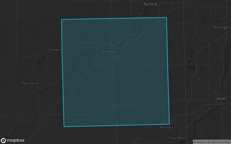 Map of Kendall County, Illinois showing the county boundary and surrounding cities
