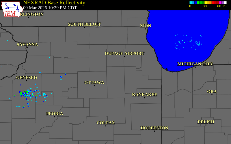 NEXRAD radar during the Monday, March 9, 2026 storm activity in Kendall County, Illinois