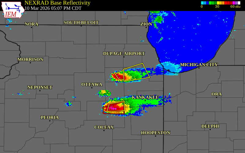 NEXRAD radar during the Tuesday, March 10, 2026 storm activity in Kendall County, Illinois