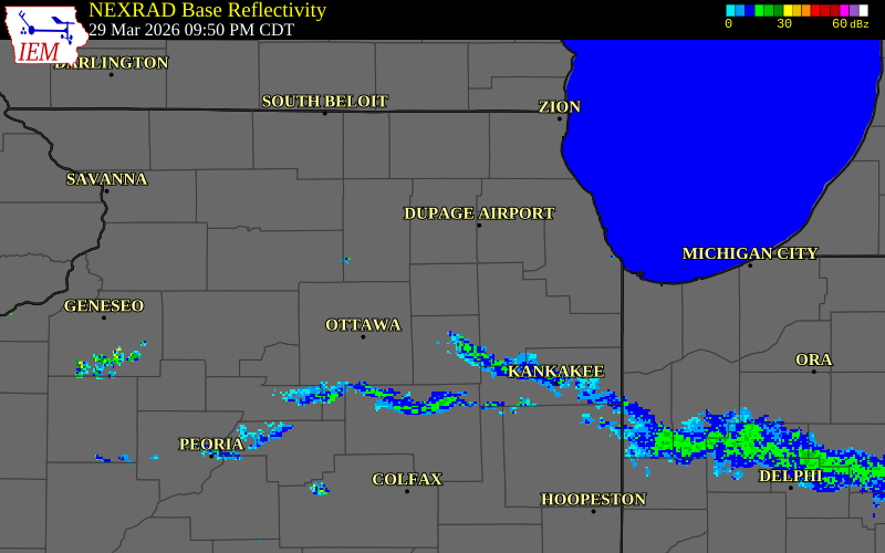 NEXRAD radar during the Sunday, March 29, 2026 storm activity in Kendall County, Illinois