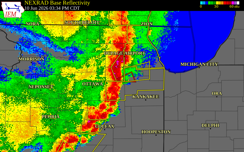 NEXRAD radar during the Wednesday, June 10, 2026 storm activity in Kendall County, Illinois