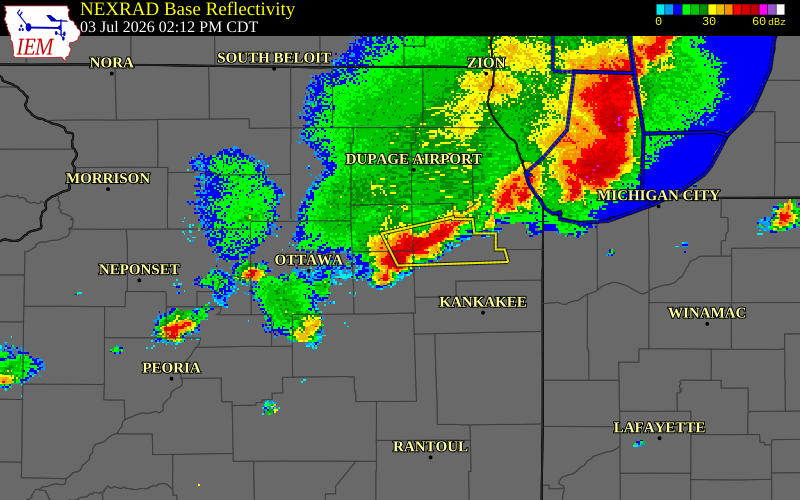 NEXRAD radar during the Friday, July 3, 2026 storm activity in Kendall County, Illinois