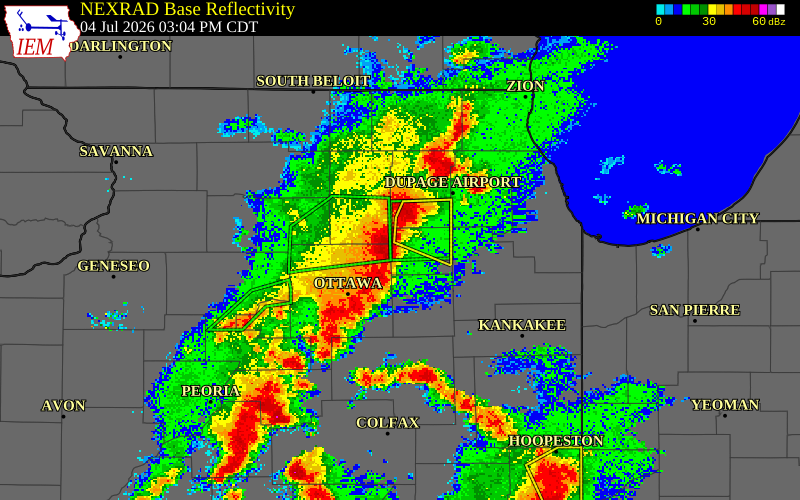 NEXRAD radar during the Saturday, July 4, 2026 storm activity in Kendall County, Illinois