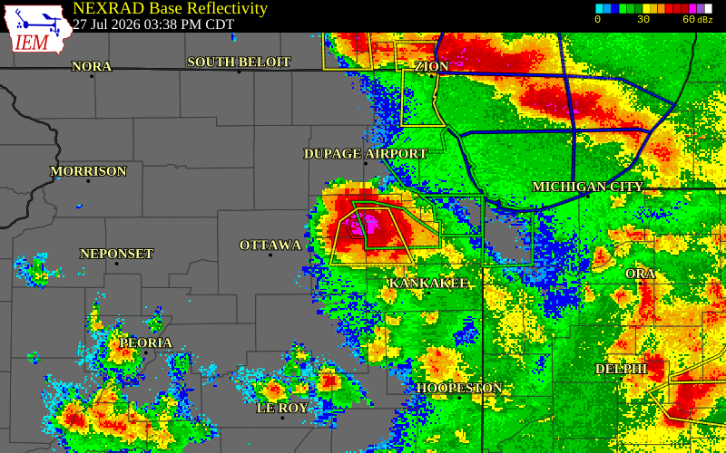 NEXRAD radar during the Monday, July 27, 2026 storm activity in Kendall County, Illinois