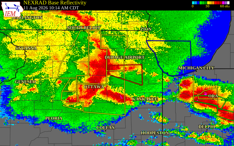 NEXRAD radar during the Tuesday, August 11, 2026 storm activity in Kendall County, Illinois