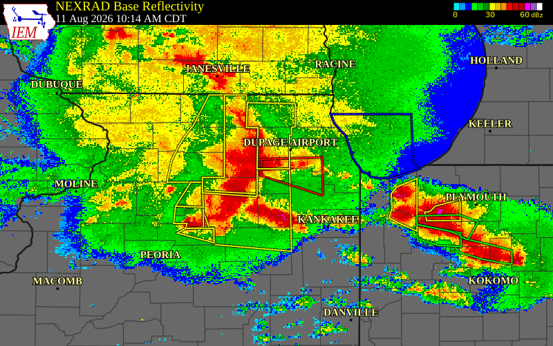 Radar snapshot during the Aug 11, 2026 tornado event near 2 W Oswego, Kendall County, Illinois, with NWS warning polygons