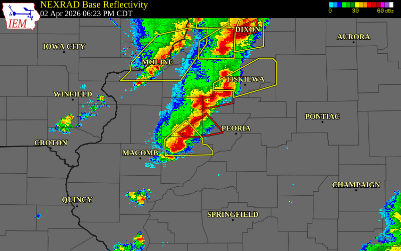 NEXRAD radar during the Thursday, April 2, 2026 storm activity in Knox County, Illinois