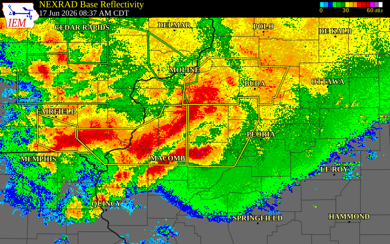 NEXRAD radar during the Wednesday, June 17, 2026 storm activity in Knox County, Illinois