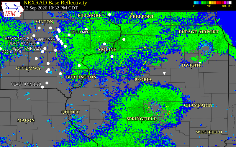 Current NEXRAD radar over Knox County, Illinois with recent storm report locations