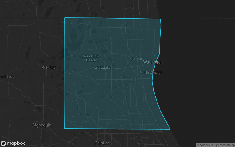 Map of Lake County, Illinois showing the county boundary and surrounding cities