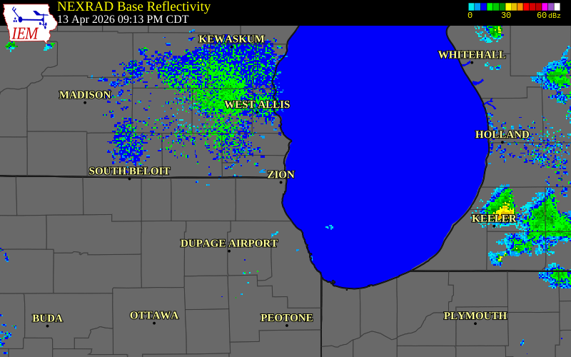 NEXRAD radar during the Monday, April 13, 2026 storm activity in Lake County, Illinois