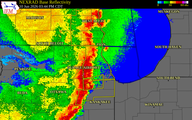 NEXRAD radar during the Wednesday, June 10, 2026 storm activity in Lake County, Illinois