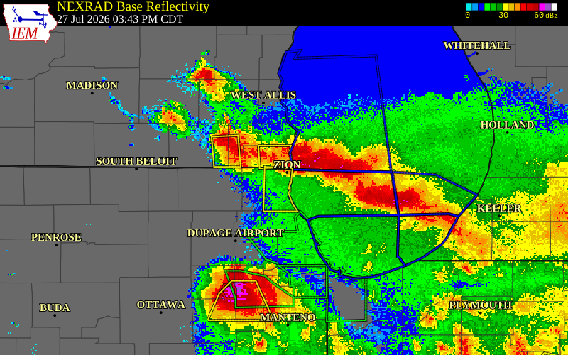 NEXRAD radar during the Monday, July 27, 2026 storm activity in Lake County, Illinois