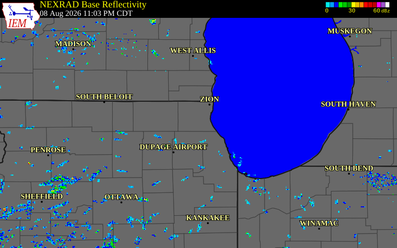 NEXRAD radar during the Saturday, August 8, 2026 storm activity in Lake County, Illinois