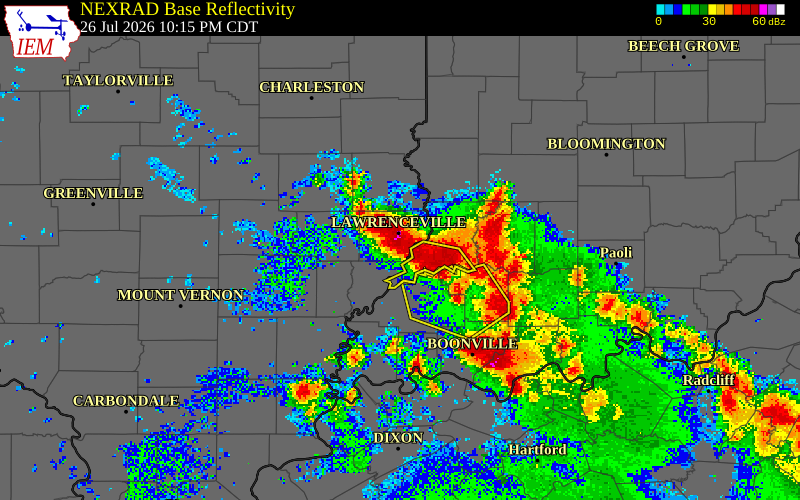 NEXRAD radar during the Sunday, July 26, 2026 storm activity in Lawrence County, Illinois