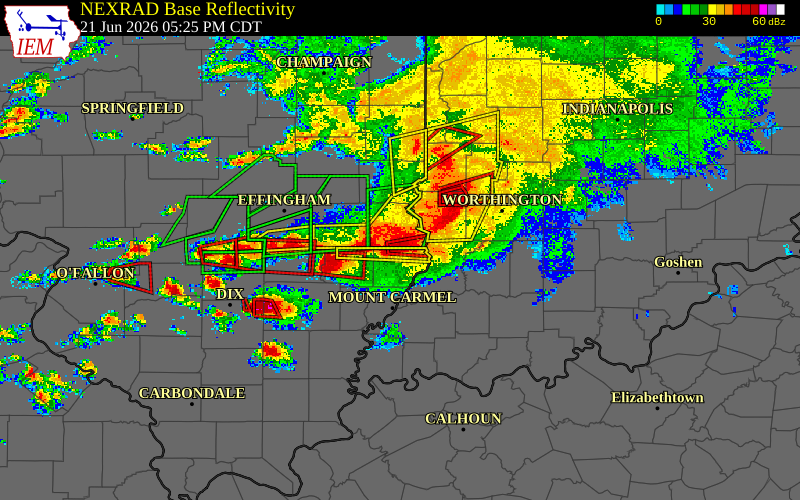 Radar snapshot during the Jun 21, 2026 tornado event near 3 W Birds, Lawrence County, Illinois, with NWS warning polygons