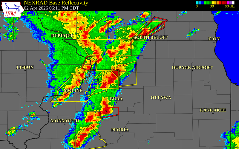 NEXRAD radar during the Thursday, April 2, 2026 storm activity in Lee County, Illinois