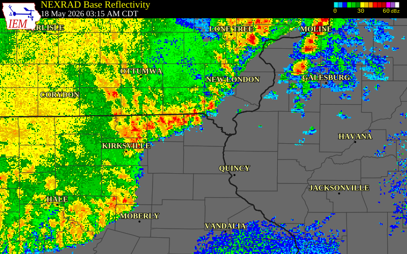 NEXRAD radar during the Monday, May 18, 2026 storm activity in Lee County, Illinois