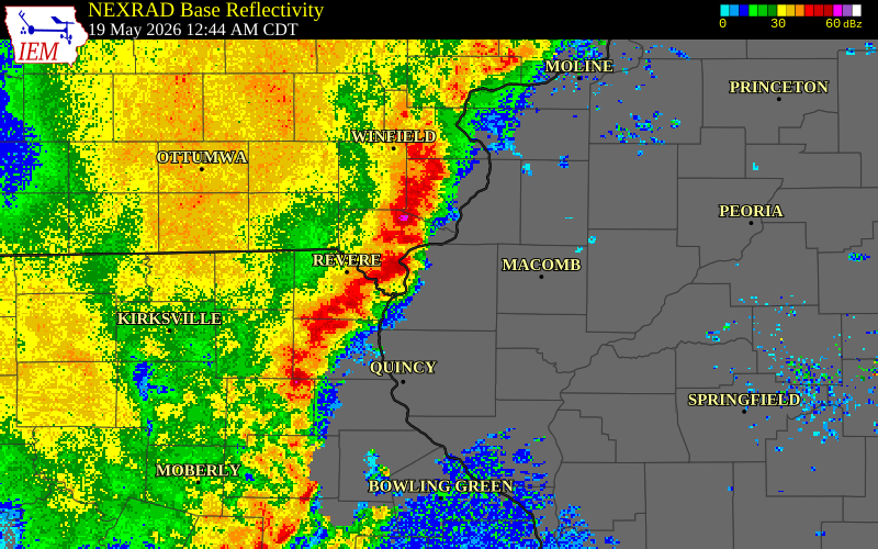 NEXRAD radar during the Tuesday, May 19, 2026 storm activity in Lee County, Illinois