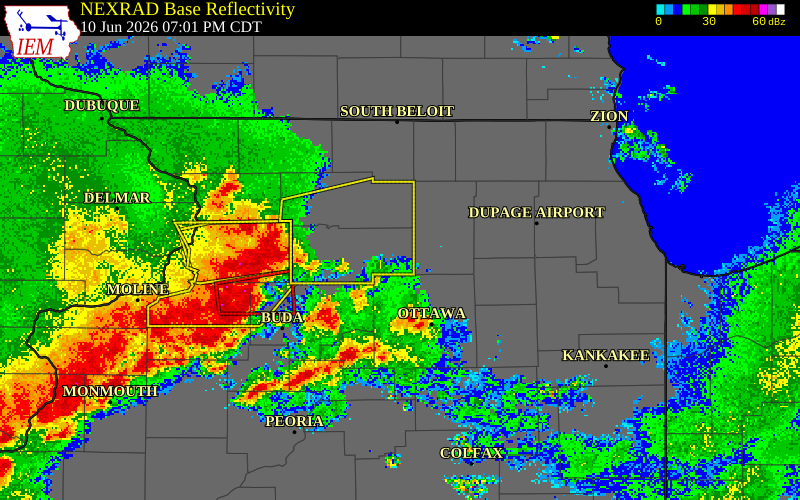 NEXRAD radar during the Wednesday, June 10, 2026 storm activity in Lee County, Illinois